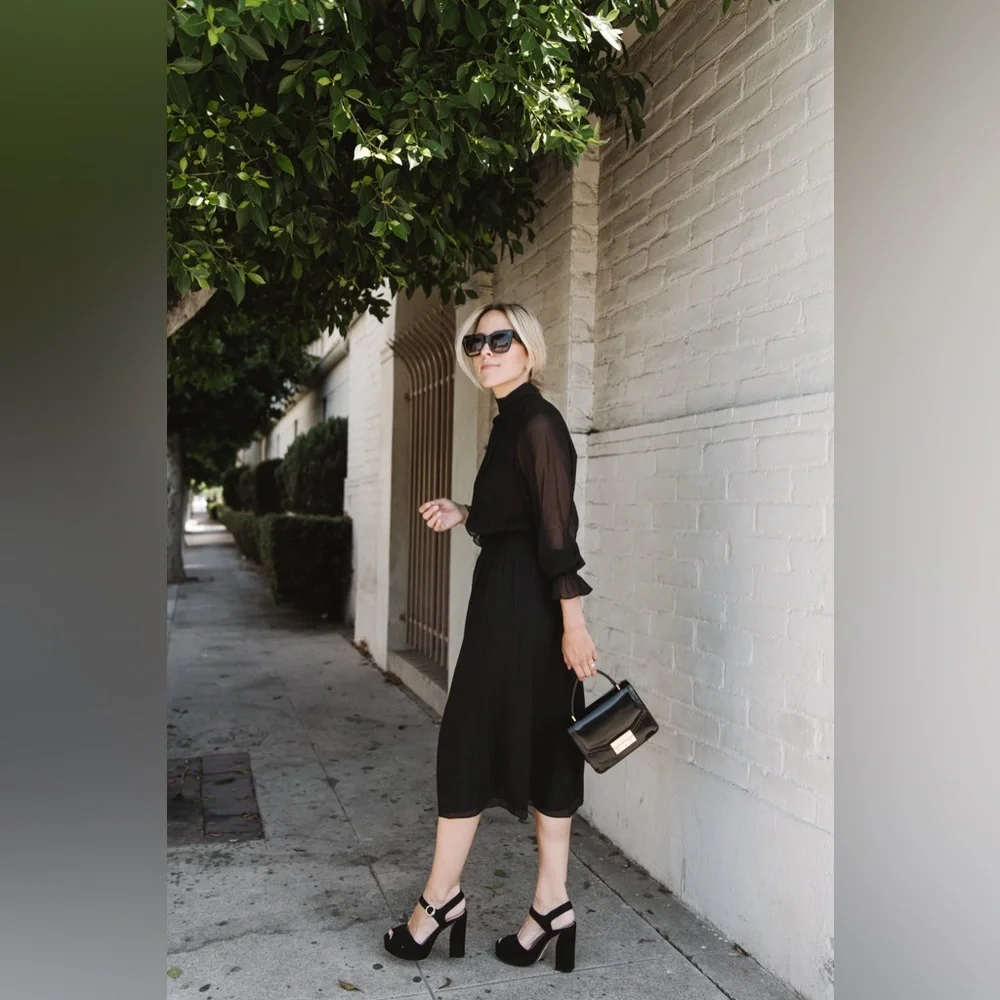 NWT Tory Burch Colette Black Silk Chiffon Sheer Long Sleeve Midi Dress